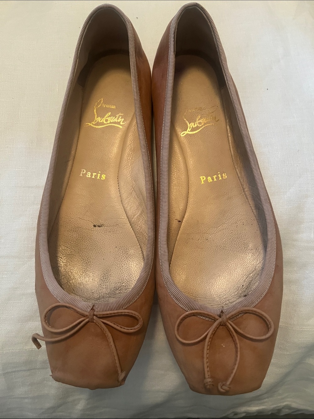 Christian Louboutin Nude/Tan Leather Bow Ballet Flats